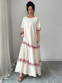 Al Najma Women's Loose Short Sleeve Long Arabic Style Dress - Apricot - View 6