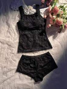 Seduluxe 2 piezas Conjunto de lencería de mujer con camiseta de encaje transparente y pantalones cortos sexy - Negro - Ver 6