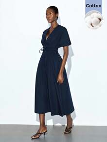 Maija Blue Dresses Outfit Deas For Navy Blue Deep V-Neck Puff Sleeve Cinched Waist Flared Dress For Women Winter Dress Women For Women Long Party Dress Wedding Party Dress Elegant Dresses For Women Stylish Clothing Collection Wrap Dress Ankle Length Dress Front Tie Dress Women's Summer Dresses Vacation Outfits Women Festival Outfits Work Outfits For Women - Navy Blue - View 3