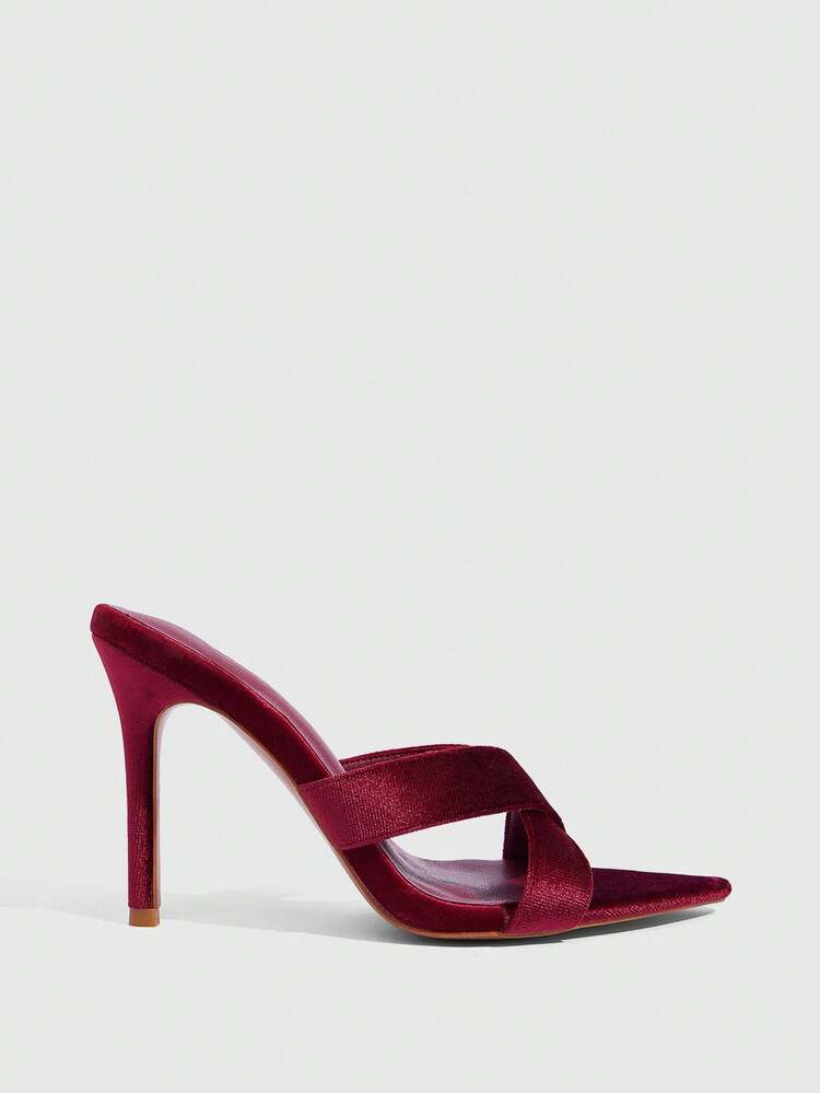CUCCOO SZL Women Shoes Burgundy Velvet Cross Strap Fashion Sexy Pointed Stiletto Sandals