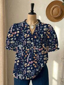 EMERY ROSE Casual Minimalist Floral Print Lantern Sleeve Shirt For Plus Size Women, Suitable For Summer - Multicolor - View 4