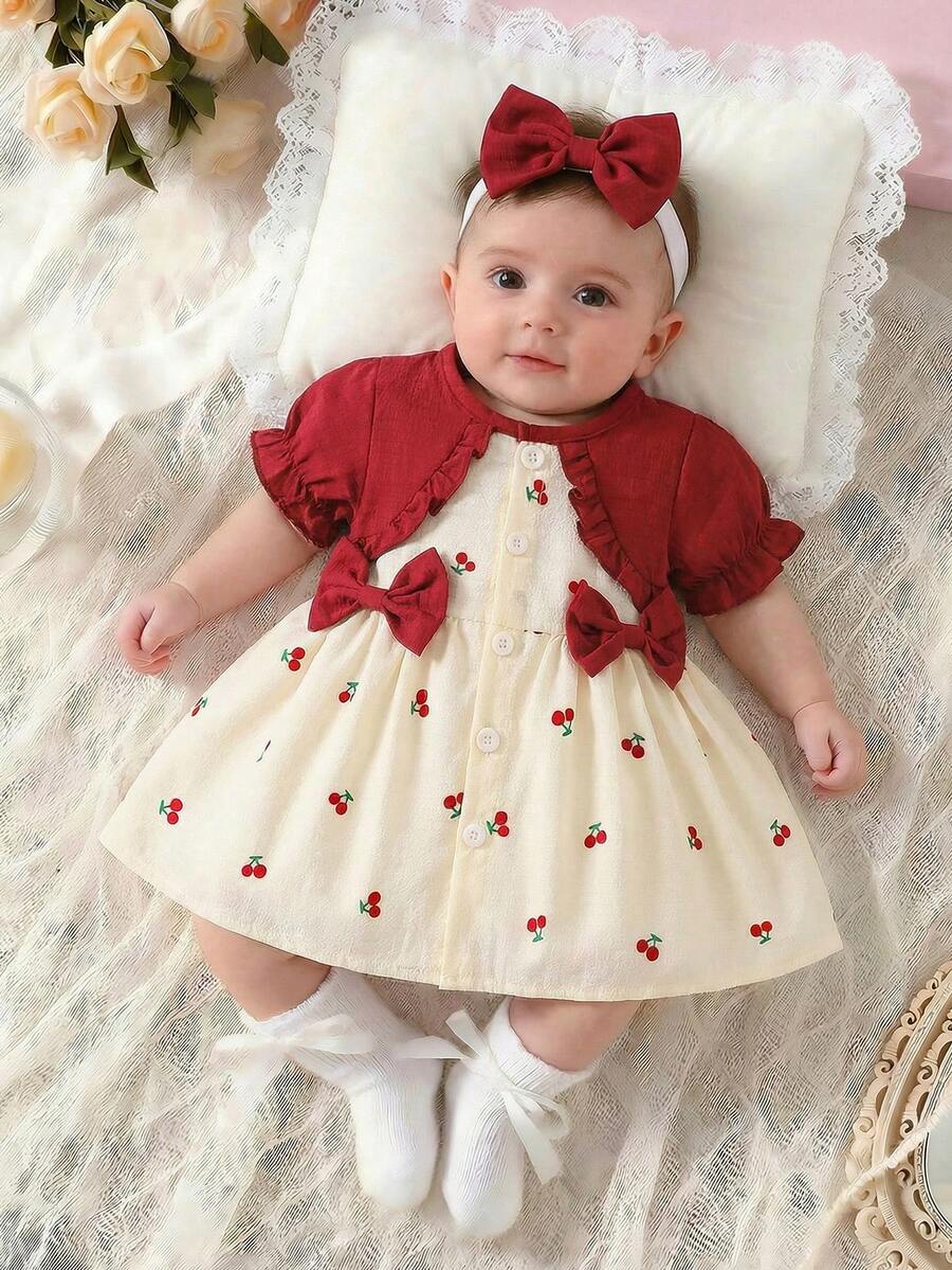 SHEIN Newborn Baby Girl Fashionable, Sweet And Cute Cherry Pattern Color Blocked Red Round Neck, Ruffle Edge Spliced Bow, Bubble Short Sleeved Fake Two Pieces Dress And Bow Headband Suitable For Shopping, Shooting, Shopping And Dressing Cherry Print Baby Dress Newborn Baby Girl Dresses Baby Photoshoot Outfit - Red - View 1