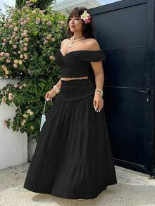 GalTyme Conjunto básico de 2 piezas en negro, adecuado para verano, casual, vacaciones, ir al trabajo, tallas grandes - Negro - Ver 4