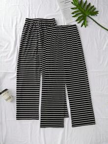 Bộ 2 món quần dài nữ dệt kim kẻ sọc dáng casual có dây rút - màu đen - Xem 2