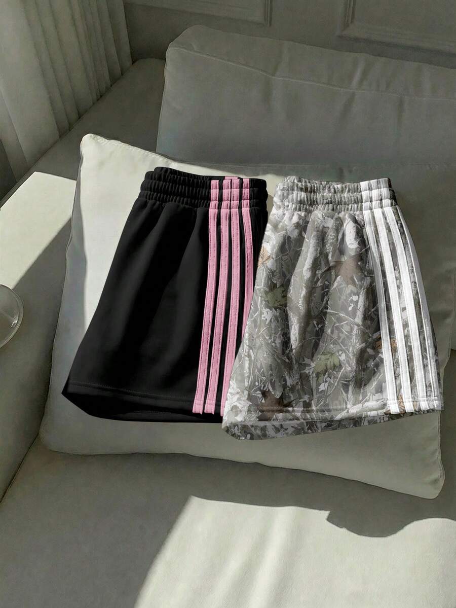 Comfortcana 2件套女士休闲简约树枝印花针织拼接宽松短裤，女士夏季套装，女士休闲服装 - 彩色 - 查看 1