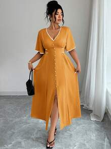 Elenzga Plus Size Women V-Neck Ruffle Trim Short Sleeve Button Design Elegant Curve Dress Vacation White Summer - Yellow - View 4