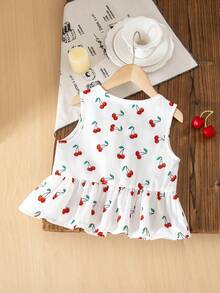 SHEIN Áo kiểu không tay in hình quả anh đào hoạt hình dễ thương và năng động dành cho bé gái, có nơ 3D, thích hợp cho mùa hè. - Đỏ và trắng - Xem 3