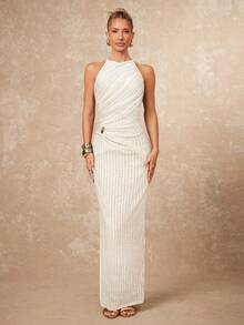 Lumalex Đầm dài Jacquard vai hẹp dành cho nữ - Màu be - Xem 4