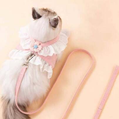 1条带花朵装饰的宠物牵引绳，户外宠物防逃脱保护背带绳，适用于兔子、猫和狗