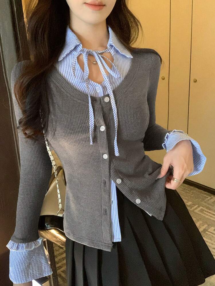 Women's Casual Striped Patchwork Button Front 2 In 1 T-Shirt, Spring/Autumn