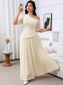 Conjunto informal de 2 piezas de talla grande para mujer con top asimétrico de hombro y decoración metálica, y falda de unicolor - Albaricoque - Ver 5