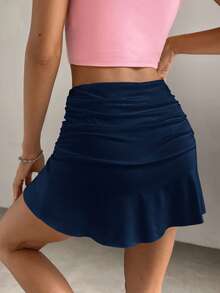 SHEIN x Carly Lawrence SHEIN EZwear 女士休闲褶皱荷叶边及膝半身裙，藏蓝色 - 藏蓝色 - 查看 2