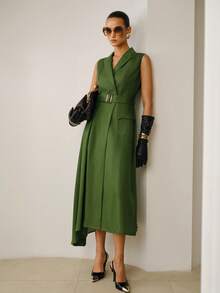 ZEYLAH 不对称下摆亚麻无袖连体裤连衣裙 - 綠色 - 查看 6