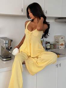 ZzzCrew Solid Color Front Tie Halter Top And Lounge Pants Set - Yellow - View 4