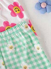 SHEIN Playful Pals 女婴舒适百搭甜美可爱吊带短裤套装，夏季多件套 - 彩色 - 查看 6