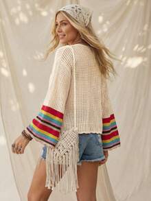 Wildy Áo khoác cardigan dệt kim sọc rỗng kiểu miền Tây nước Mỹ, trang phục cơ bản mùa hè cho nữ mặc hàng ngày, tay áo loe rộng rãi. - Nhiều màu - Xem 2