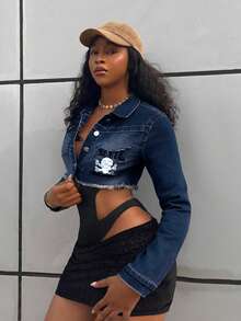 StreetHx Áo khoác denim ngắn tay dài, viền rách, thêu chữ dành cho nữ - Rửa tối - Xem 3