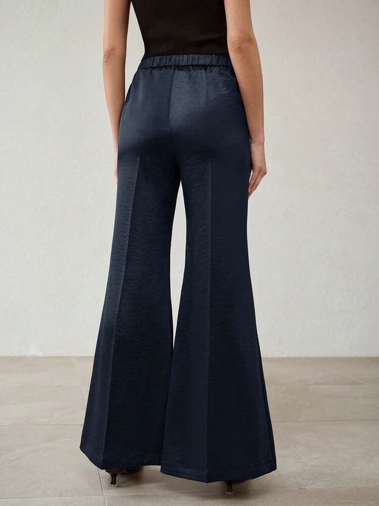 SPRING/SUMMER NEW SATIN WIDE LEG FLARE PANTS, HIGH WAIST CASUAL TROUSERS, SLIMMING DESIGN, FLOOR LENGTH FLARED PANTS, NAVY BLUE