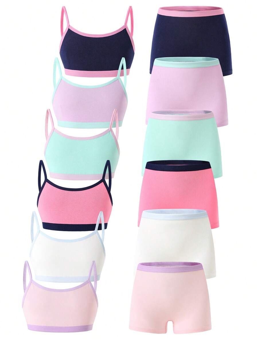 6pcs/Set Girls' Solid Color Minimalist Camisole Bra And Boyshort Panty Underwear Set - Multicolor - View 1