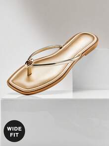 SHUZIA Dép xỏ ngón nữ QuietLuxury dáng rộng, mũi vuông, điểm nhấn vàng, kiểu dáng tối giản, viền cuộn, chất liệu PU mềm mại, màu cà phê – Tinh tế, thanh lịch và sang trọng. - Vàng - Xem 7