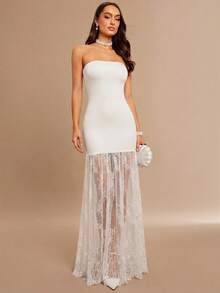 Silquee Women's Solid Color Contrast Lace Hem Dress,Dresses For Women Summer - White - View 4