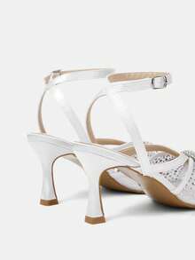 CUCCOO HITCHD Women's Fashion Square Toe Satin Mesh Splicing Rhinestones Sexy Evening Party Party Style Simple Backspace Stiletto High Heel Sandals Summer Shoes - White - View 4