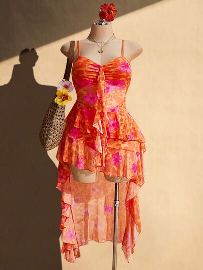 SHEIN ICON Đầm slip size lớn màu đen cổ chữ V, viền bèo nhún, ngắn phía trước, dài phía sau, kiểu Y2K gợi cảm với dây đeo mảnh và viền bèo nhún.