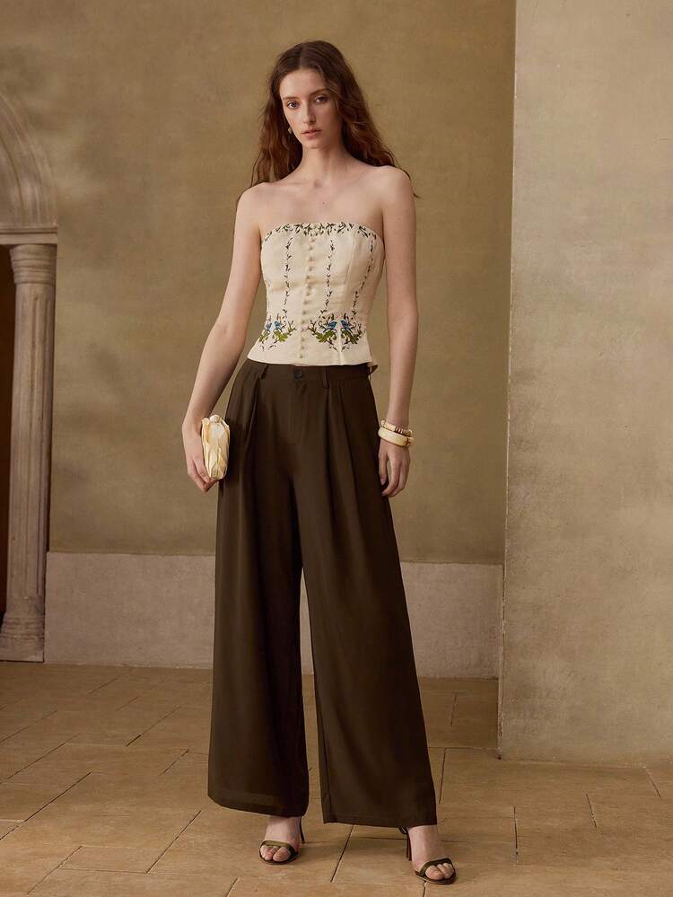 WOMEN'S BOTANICAL EMBROIDERY BANDEAU TOP