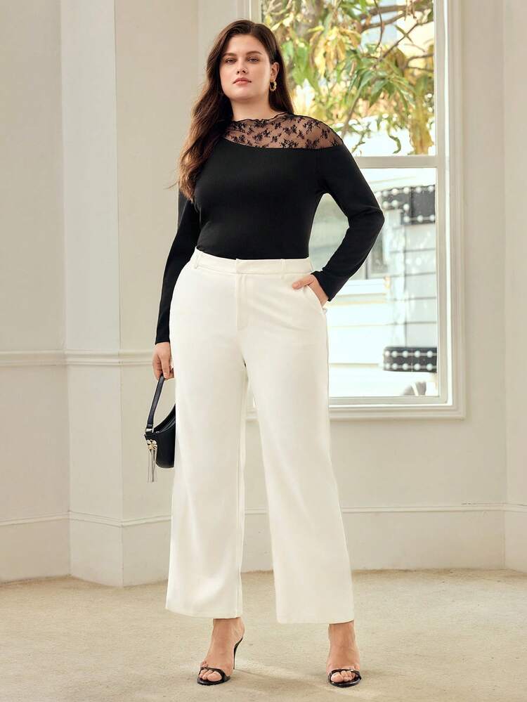 PLUS SIZE WOMEN LACE PATCHWORK KNIT T-SHIRT, BLACK