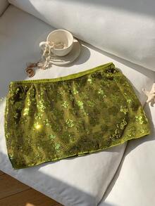 Comfortcana Women's Sequin Floral Pattern Casual Versatile Daily Wear Mini Skirt - Apricot - View 4