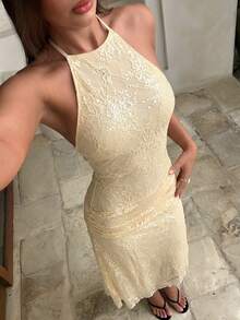 Aloruh 女士性感露背蕾丝亮片褶皱不对称下摆伞裙，Y2K优雅音乐节派对礼服 - 黃色 - 查看 3