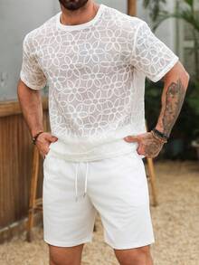 VENTUSAIL Conjunto casual masculino de camiseta de manga curta com gola redonda e textura floral, ideal para as festas de fim de ano. - Branco - Ver 4