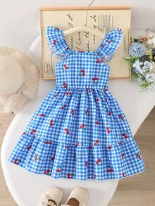 SHEIN Elladie kids 小女孩甜美可爱沙滩度假夏季短袖蝴蝶结装饰连衣裙，适合日常和假日穿着 - 藍色 - 查看 5