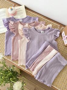 SHEIN 8件套/女婴0-3岁春夏新款休闲日常外出可爱纯色针织不对称罗纹短袖背心T恤上衣和短裤8件套 - 彩色 - 查看 4