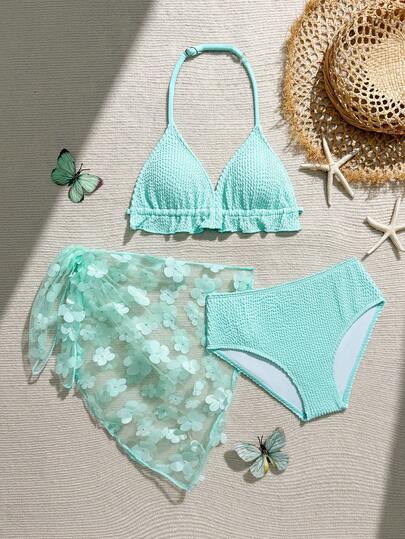 Tween Girls Bikini Sets,Girls' Swimsuit Set, Vacation, Casual, Elegant Style, Light Blue Swimsuit, Set Made Of Wavy Fabric, Skirt With 3D Floral Fabric, Halter Neck Top With Sweet Ruffle Trim, Matching Bottoms, Three-Piece Swimsuit, Halter Neck Top, Briefs With Skirt, Skirt Not Wet, Fashionable, Casual, Exquisite, Gorgeous, Ladylike, Suitable For Swimming, Summer Vacation, Beach, Pool, Swimming Pool, Summer Party, Leisure Vacation.