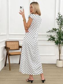 Elegant Lace Patchwork Polka Dot Print Dress, Summer - Black and White - View 2