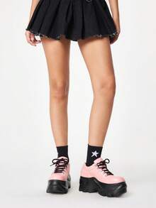 ROMWE Grunge Punk Chaussures gothiques punk rock Y2K pour femmes avec laçage et chaîne, mocassins noirs, derbies Mary Jane, chaussures de travail habillées, talons compensés et plateformes pour Noël - Rose sans chaîne - Voir 2