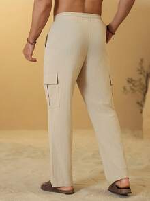 Palmeraft Men's Solid Color Drawstring Waist Casual Cargo Pants, Versatile For Daily Wear - Khaki - View 2