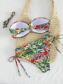 Swim Vcay Tropical Floral Print Spaghetti Strap Ruched Bust Bandeau Bikini Swimsuit Set, For Summer Vacation - Multicolor - View 5