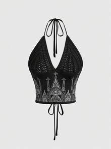 ROMWE Gothic Church Embroidery Mock Neck Fitted Knit Top - Black - View 5