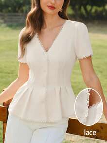 Vintamour Blusa ajustada con patchwork de encaje floral elegante y vintage, camisa de manga corta blanca para mujer, primavera/verano - Blanco - Ver 3