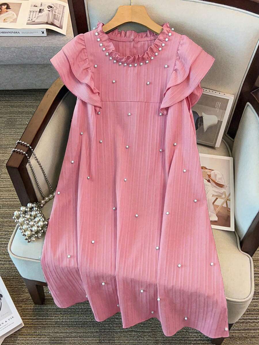 GlowEve CURVE Plus Size Women's Ruffled Collar Pearl Beaded Double-Layer Cap Sleeve Loose Dress, Textured Elegant Sweet Dress For Spring/Summer - Dusty Pink - View 1