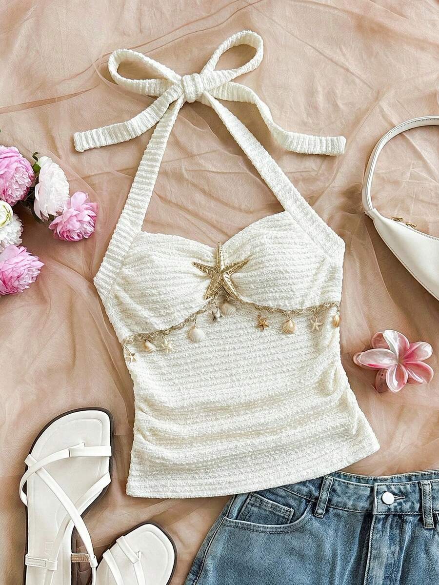 SHEIN Áo tank top nữ thiếu niên mặc thường ngày phong cách thời trang, cổ yếm, vải dệt kim vân nổi, màu trắng trơn, trang trí sao biển kim loại ở giữa trước, áo mùa hè, kỳ nghỉ hè - màu nâu - Xem 1