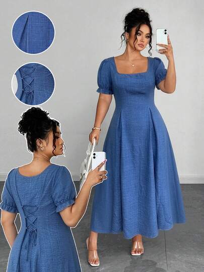 Elenzga Plus Size Women Elegant French Style Square Collar Waist Gathered A-Line Long Dress
