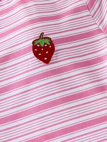 SHEIN 1 pezzo Abito elegante a maniche corte con collo rotondo, in maglia di seta di latte, con stampa a righe e fragole, vita stretta, adatto a ragazze pre-adolescenti, per uso casual quotidiano - Rosa - Visualizzare 6