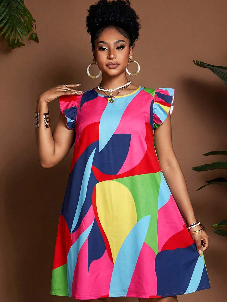 Maweii 春夏彩色A字圆领喇叭袖休闲优雅印花时尚宽松连衣裙，适合通勤、日常穿着、度假，尺码齐全。 - 彩色 - 查看 1