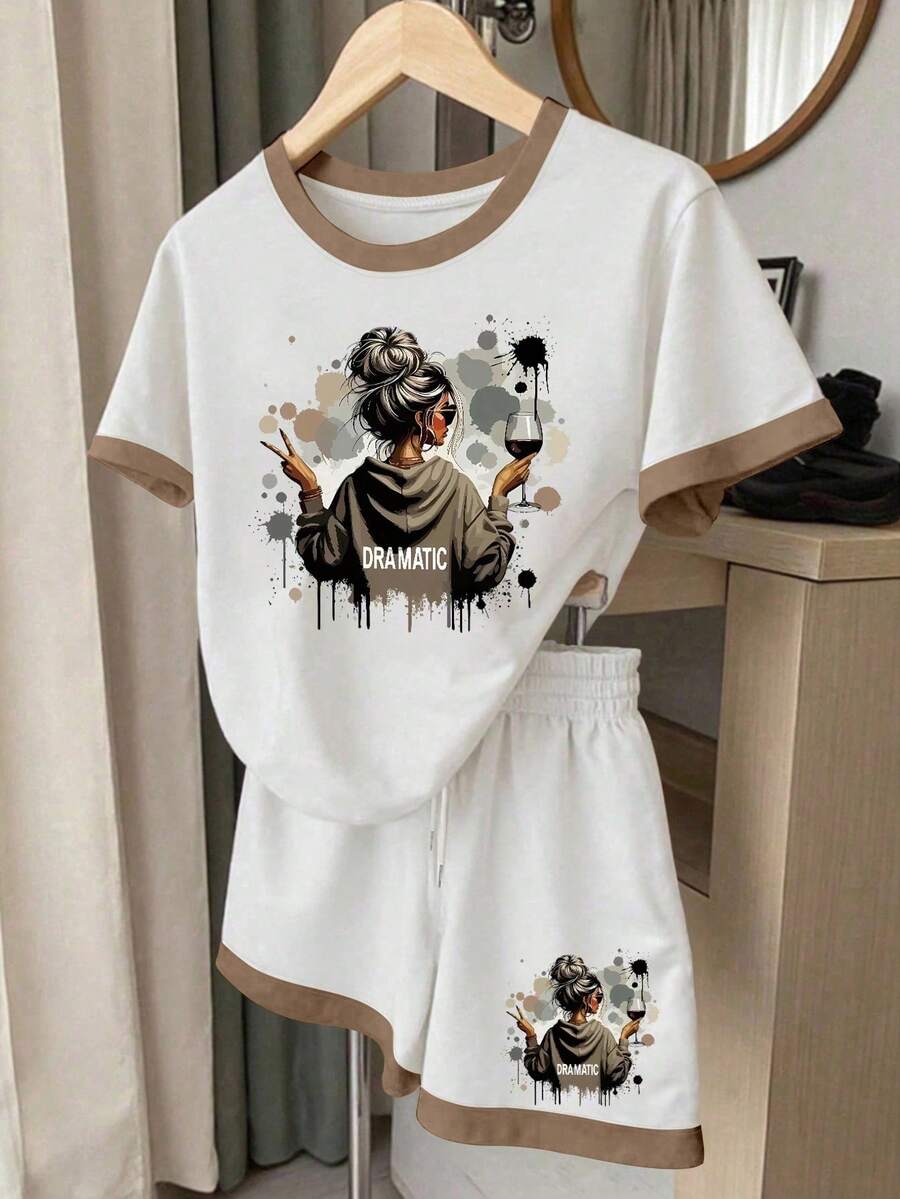 Resyla 2pcs "Dramatic" Sarcastic Slogan Funny Print Women's Casual Outfit, Suitable For Everyday Wear - White - View 1