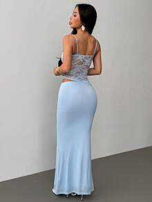 SHEIN PETITE Summer Beach Vacation Lace Sexy See-Through Suspender Maxi Dress, Suitable For Daily Dating, Night Out, Nightclubs, Parties,Summer Dresses For Women - Baby Blue - View 3
