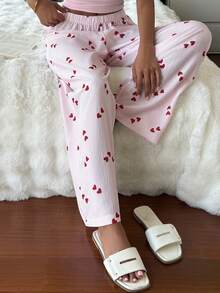 DAZY 女士轻薄爱心条纹印花宽松睡裤，夏季必备 - 紅色 - 查看 6