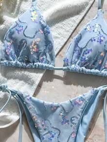 SHEIN Swim 两件套彩色亮片特殊面料三角罩杯文胸和侧系带泳裤性感比基尼套装，春夏度假比基尼套装，女士泳装两件套 2580198 女士比基尼泳装套装 Zestiva 泳装斑马纹比基尼套装瑜伽套装女士两件套 Yummy Control 塑形泳装两件套 - 淺藍色 - 查看 5
